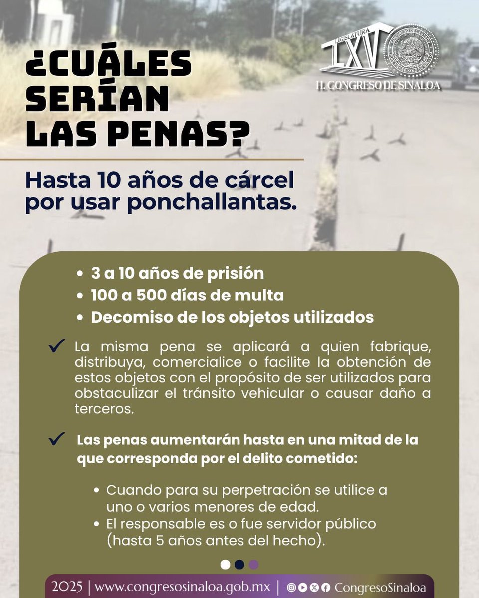 📄 El Congreso da lectura a dictamen que tipifica como delito el uso de ponchallantas.

➡️ Desliza para más información.