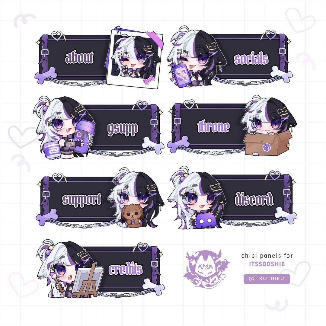 chibi panel comm for <a href="/itssooshie_/">Sooshie 💜⛓ スーシー</a> 
go send support to the best demon pup hehe (ﾉ´ з `)ノ
 - 
#TwitchEmoteArtist #chibi #cute #kawaii