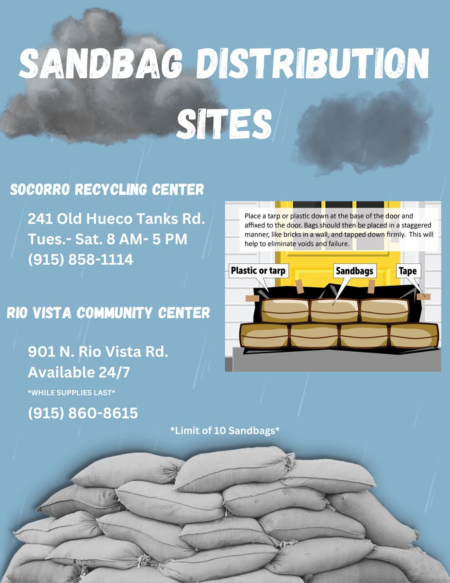 ‼️The City of Socorro is providing FREE sandbags to residents. Protect your home from potential flooding—pick up sandbags at designated distribution sites today!‼️