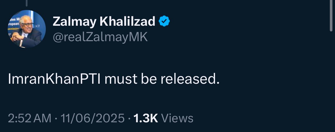 زلمی خلیل زاد نے آدھی رات کو عمران خان کی رہائی کا مطالبہ کر دیا
پی ٹی آئی سوشل میڈیا زندہ باد 🔥