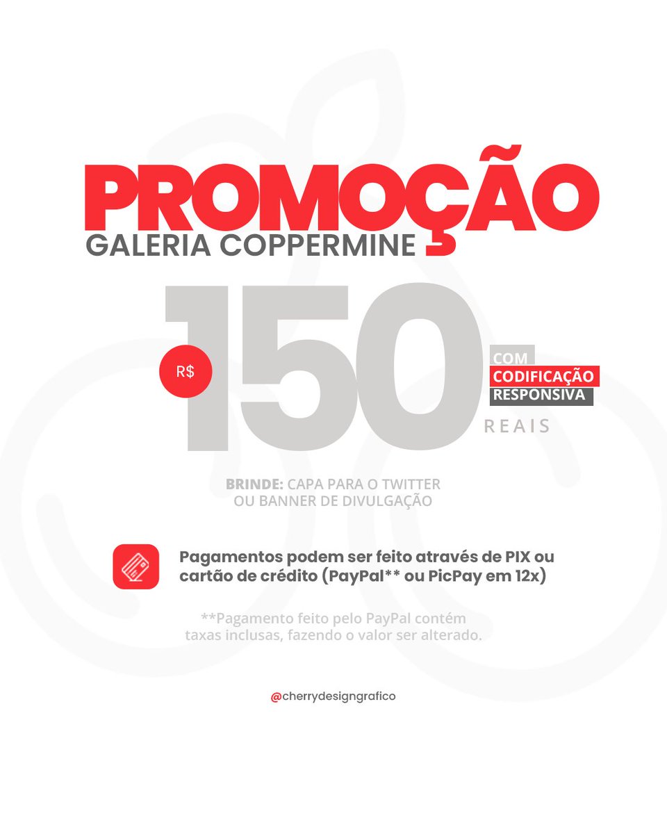 cherrydesignbr's tweet image. 🔥 ATENÇÃO, CHERIES! Promoção imperdível: Galeria Coppermine com codificação responsiva por R$150 + brinde exclusivo! Só até 25/06! Corre no direct ou no @cherrydesigngrafico 📩 #promoção #designweb #cherrydesign
