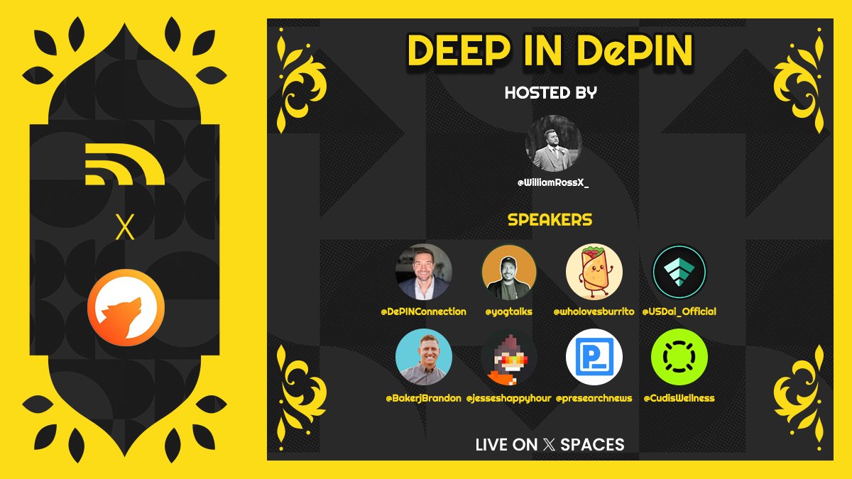 Dabba Network 🟨 (@dabbanetwork) on Twitter photo 🎙️Deep In DePIN ep.22
Join <a href="/KaramLakshman/">Karam Lakshman</a> and <a href="/WilliamRossX_/">William</a> for your favourite DePIN space with a panel of big 🧠 builders
<a href="/BakerjBrandon/">Brandon Baker</a>
<a href="/CudisWellness/">CUDIS</a>
<a href="/DePINConnection/">DePIN Connection</a>
<a href="/jesseshappyhour/">Jesse Adams | UpRock ✈️ Solana Summit APAC Vietnam</a>
<a href="/presearchnews/">Presearch</a>
<a href="/USDai_Official/">USD.AI | in Beta</a>
<a href="/wholovesburrito/">Who Loves Burrito?</a>
<a href="/yogtalks/">Yog | Farmsent</a>
and you 🫵 🎙️Deep In DePIN ep.22
Join <a href="/KaramLakshman/">Karam Lakshman</a> and <a href="/WilliamRossX_/">William</a> for your favourite DePIN space with a panel of big 🧠 builders
<a href="/BakerjBrandon/">Brandon Baker</a>
<a href="/CudisWellness/">CUDIS</a>
<a href="/DePINConnection/">DePIN Connection</a>
<a href="/jesseshappyhour/">Jesse Adams | UpRock ✈️ Solana Summit APAC Vietnam</a>
<a href="/presearchnews/">Presearch</a>
<a href="/USDai_Official/">USD.AI | in Beta</a>
<a href="/wholovesburrito/">Who Loves Burrito?</a>
<a href="/yogtalks/">Yog | Farmsent</a>
and you 🫵