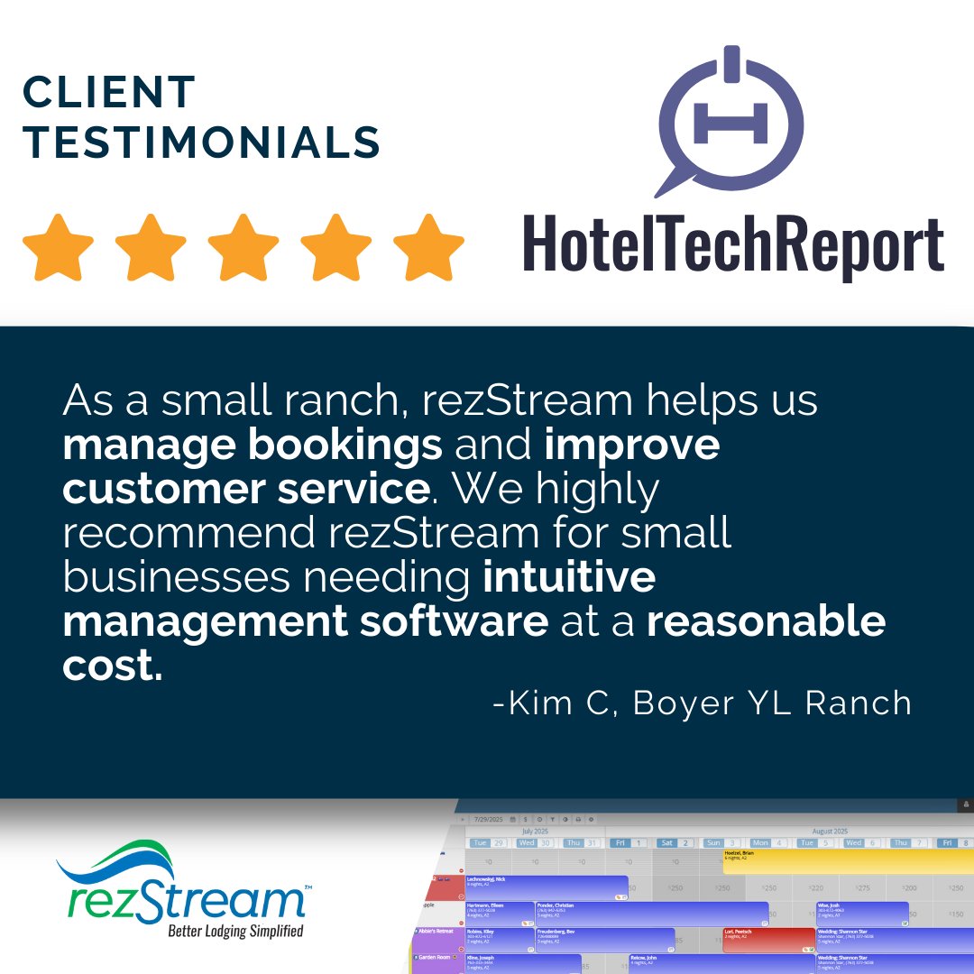 RezStream's tweet image. ⭐ 5-star review from Boyer YL Ranch!
Kim says: "rezStream helps us manage bookings, improve service &amp;amp; is intuitive software at a reasonable cost." 🌟

Learn why properties love rezStream: hubs.ly/Q03ryLW20
#rezStream #Testimonial