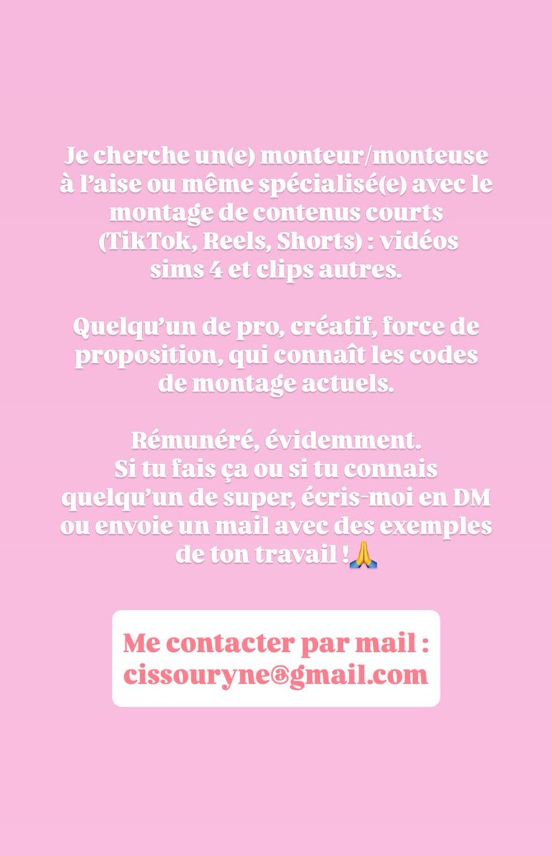 Je cherche un(e) monteur / monteuse à l’aise ou spécialisé(e) avec le montage de contenus courts : pro, créatif, force de proposition et qui connait les codes de montage actuels. Me dm ou m’envoyer un mail ! #monteur #montagevideo