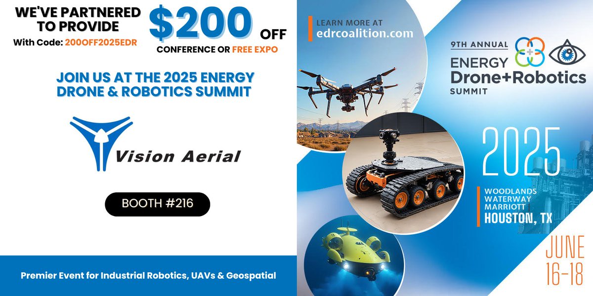 Join hundreds of energy robotics / UAV leaders June 16-18 at the #EDRSummit - the largest community of its kind in the world. See attached discount code, then come see us in Booth 216 and on the Innovation Zone stage on Tuesday. #americanmade #dronetech #droneinnovation
