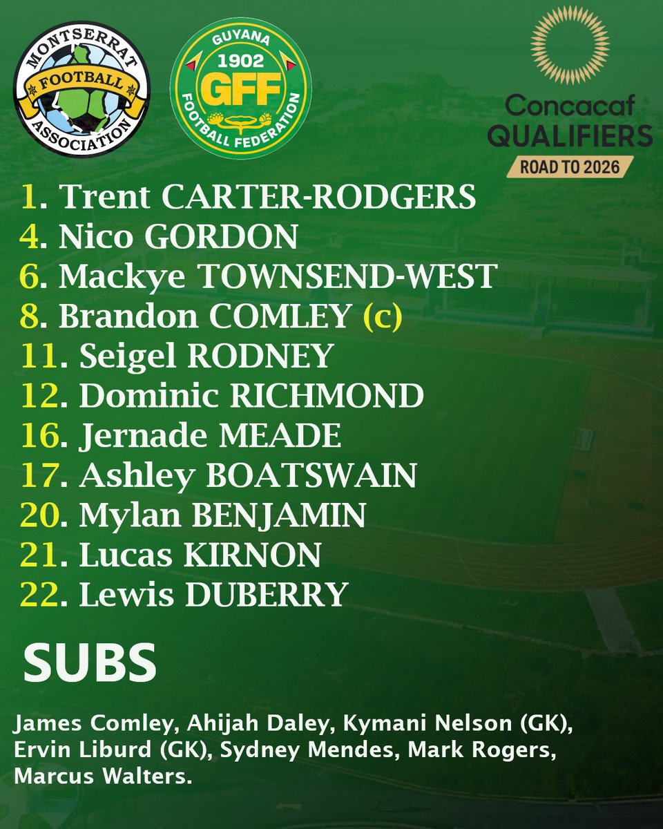 Your Emerald Boys Starting XI to take on Guyana!

🔃Two changes from our victory against Belize, as Nico Gordon and Lewis Duberry come in for Lenni Cirino &amp; Mark Rogers.

Kick-off in just under an hour!⌛️

🇲🇸🫡