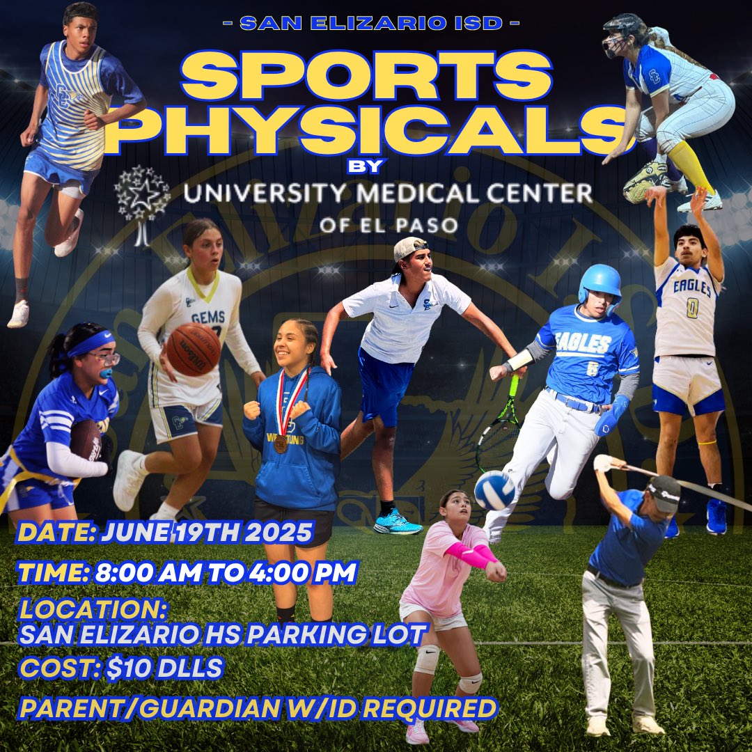 Cesar Morales (@saneliathletics) on Twitter photo 📢 Mark your Calendar!
UMC Mobile Clinic is coming to <a href="/SanElizarioHS/">San Elizario High School</a> for Sports Physicals!
🗓️ Thursday, June 19th, 2025
⏰ 8:00 AM - 4:00 PM
📍 San Elizario HS Parking Lot
💲 Cost: $10
✅ Must be accompanied by Parent/guardian.
💪🏼 Get ready for the 2025-2026 school year! 📢 Mark your Calendar!
UMC Mobile Clinic is coming to <a href="/SanElizarioHS/">San Elizario High School</a> for Sports Physicals!
🗓️ Thursday, June 19th, 2025
⏰ 8:00 AM - 4:00 PM
📍 San Elizario HS Parking Lot
💲 Cost: $10
✅ Must be accompanied by Parent/guardian.
💪🏼 Get ready for the 2025-2026 school year!
