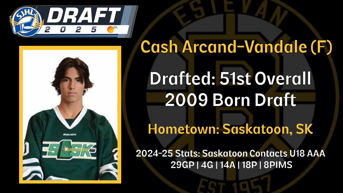 With the 51st overall selection in the 2009 Born <a href="/theSJHL/">SJHL</a> Draft, the Eagle Sky Estevan Bruins are pleased to select forward, Cash Arcand-Vandale from the <a href="/saskcontacts/">Saskatoon Contacts</a>!

Welcome to Estevan, Cash!! 🤩👏