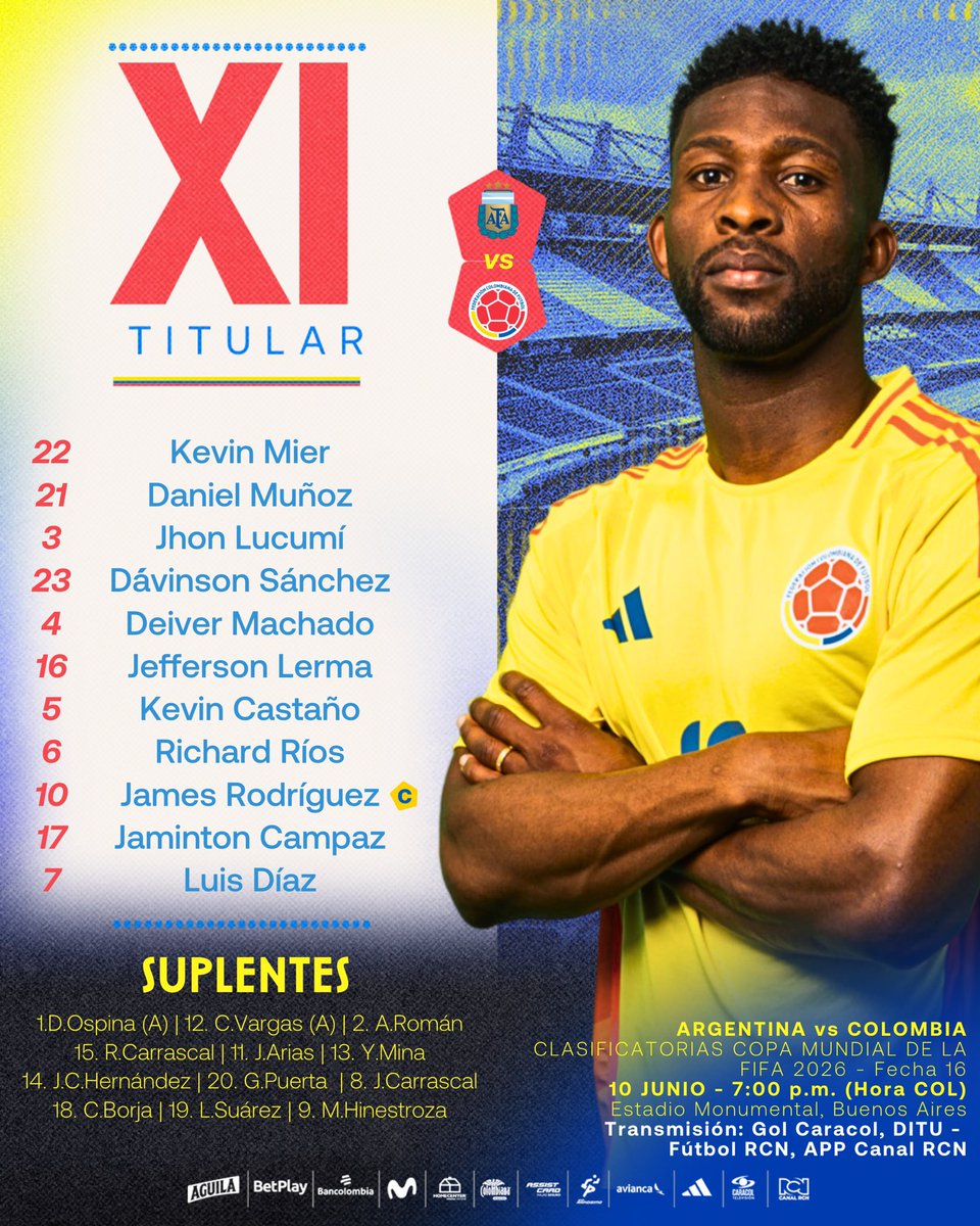 🚨 𝗧𝗜𝗧𝗨𝗟𝗔𝗥

Así formaremos para enfrentar a 🇦🇷 por las Clasificatorias a la Copa Mundial de la FIFA.

#LaSeleNosUne🇨🇴