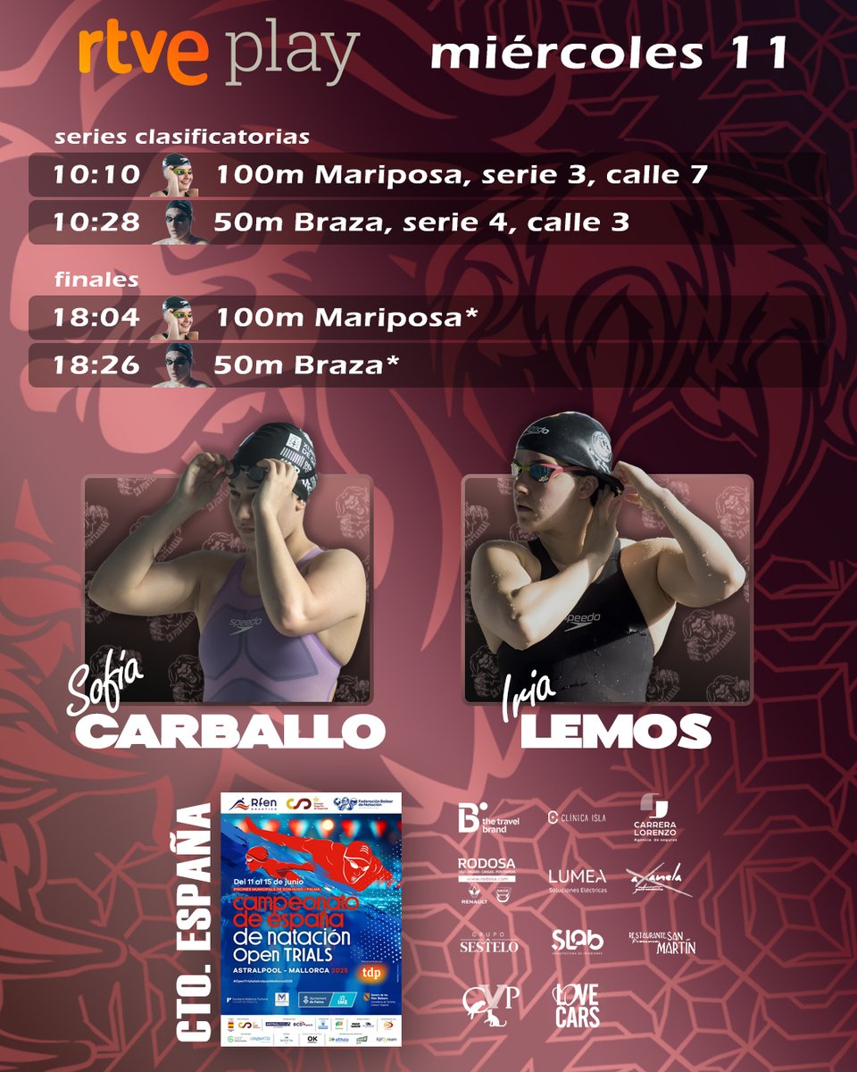 Sofía Carballo e Iria Lemos comienzan hoy su participación en el Campeonato de España en Mallorca.

Desde RTVE play se podrá seguir en directo su participación.

Sesión matinal:
rtve.es/play/videos/di…

Sesión vespertina:
rtve.es/play/videos/di…