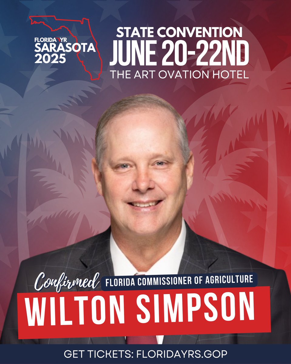 Florida Young Republicans (@floridayrs) on Twitter photo Florida’s Ag. Commissioner <a href="/WiltonSimpson/">Wilton Simpson</a> is joining us at the 66th Annual Florida YR State Convention and VIP Reception!
Get your tickets today: floridayrs.gop Florida’s Ag. Commissioner <a href="/WiltonSimpson/">Wilton Simpson</a> is joining us at the 66th Annual Florida YR State Convention and VIP Reception!
Get your tickets today: floridayrs.gop