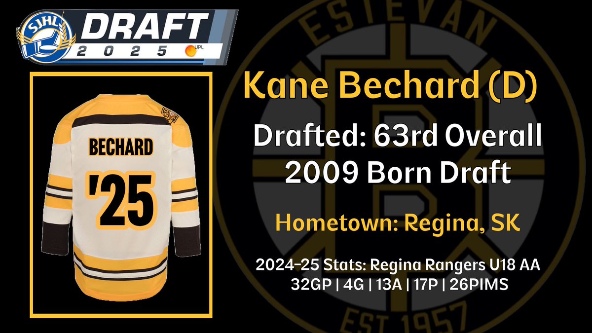 With the 63rd overall selection in the 2009 Born <a href="/theSJHL/">SJHL</a> Draft, the Eagle Sky Estevan Bruins are pleased to select defenceman, Kane Bechard from the Regina Rangers U18 AA program!

Welcome to Estevan, Kane!! 🤩👏