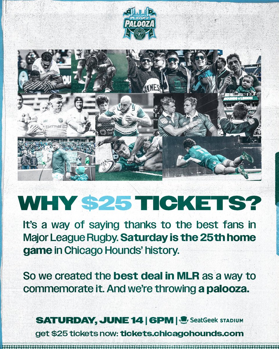 $25 tickets for the first home playoff game in Hounds history: the best deal in MLR this weekend.

Every ticket: $25

tickets.chicagohounds.com