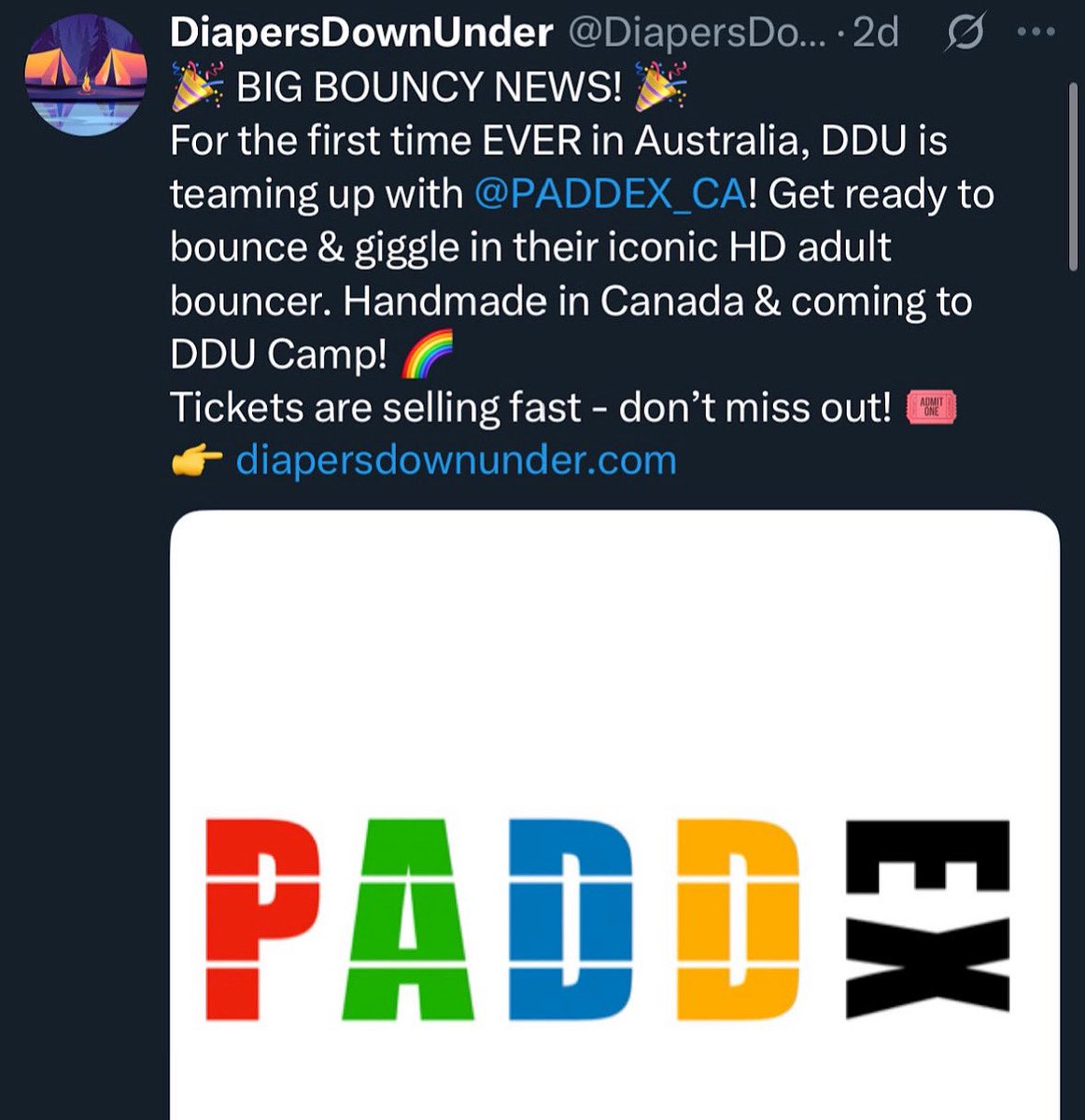 Happy to announce PaddEx group will be sponsoring DiapersDownUnder camp in September 2025, and for upcoming years! 🇨🇦🇦🇺🏕️
<a href="/paddex/">Patrik D</a>.ca 
diapersdownunder.com