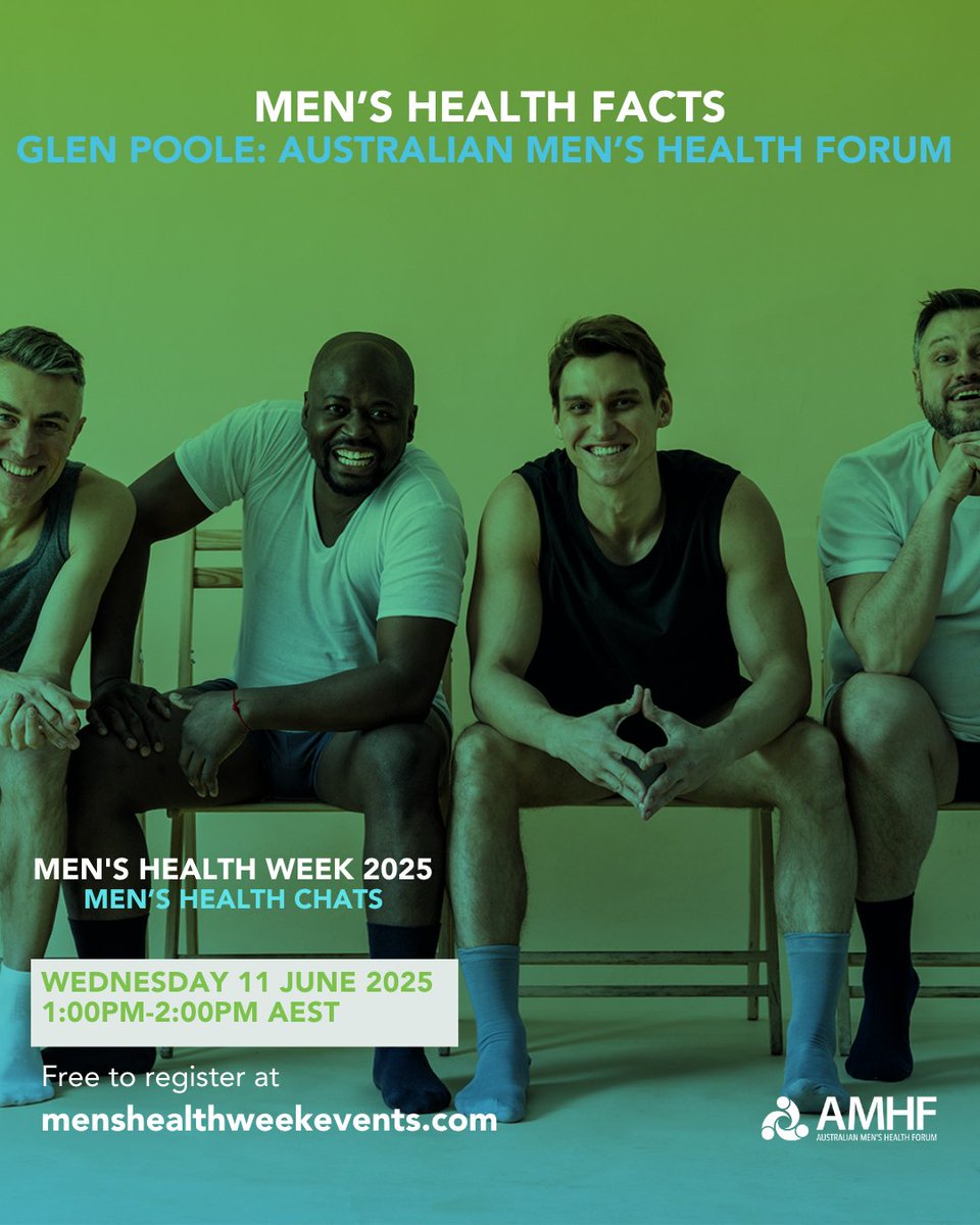Men's Health Forum (@menshealthamhf) on Twitter photo Join today's Men's Health Chats session led by AMHF CEO Glen Poole at 1pm AEST.
This talk looks at men’s health in general, actions to improve our individual health and ways to support the men in our lives to stay healthy. #menshealthweek 
Register for free: Join today's Men's Health Chats session led by AMHF CEO Glen Poole at 1pm AEST.
This talk looks at men’s health in general, actions to improve our individual health and ways to support the men in our lives to stay healthy. #menshealthweek 
Register for free: