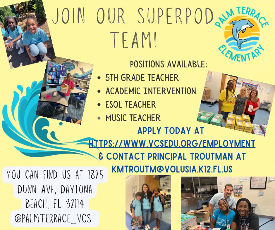 Palm Terrace Elementary (@palmterrace_vcs) on Twitter photo We are looking to add dynamic team members to our SUPERPOD team for the 2025-2026 school year. #superpod 🌊🐬<a href="/KarenTroutman7/">Karen Troutman</a> <a href="/MsElliottiteach/">Stefanie Elliott</a> <a href="/Ms_Jordan317/">Ms. Jordan</a> <a href="/PalmTerrace_VCS/">Palm Terrace Elementary</a>
Apply today using the link below:
vcsedu.org/directory/depa… We are looking to add dynamic team members to our SUPERPOD team for the 2025-2026 school year. #superpod 🌊🐬<a href="/KarenTroutman7/">Karen Troutman</a> <a href="/MsElliottiteach/">Stefanie Elliott</a> <a href="/Ms_Jordan317/">Ms. Jordan</a> <a href="/PalmTerrace_VCS/">Palm Terrace Elementary</a>
Apply today using the link below:
vcsedu.org/directory/depa…
