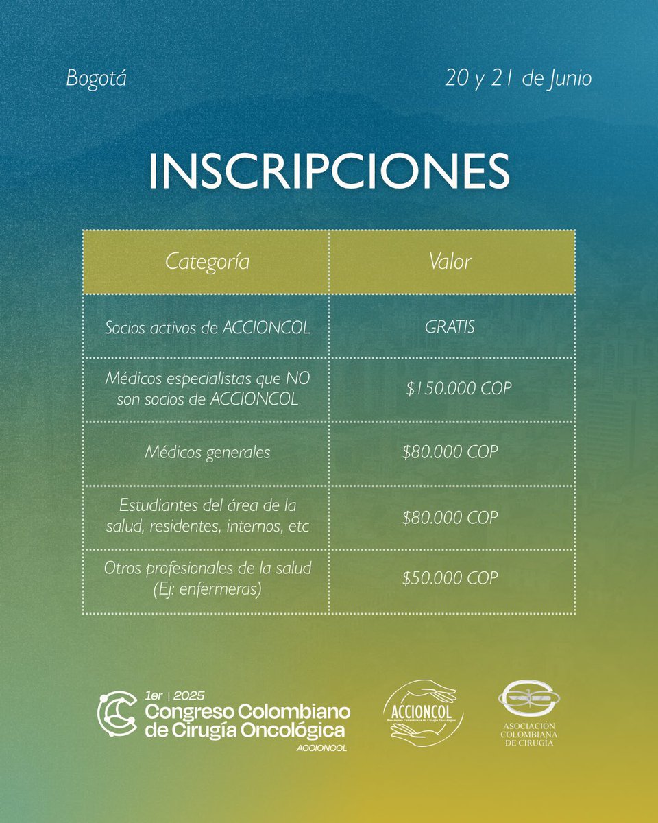 ⏳ ¡Falta muy poco para encontrarnos en el 1er Congreso Colombiano de Cirugía Oncológica!

Inscríbete según tu categoría y asegura tu participación en este espacio único para compartir, aprender y proyectar el futuro de nuestra especialidad 👩🏻‍⚕️👨🏻‍⚕️