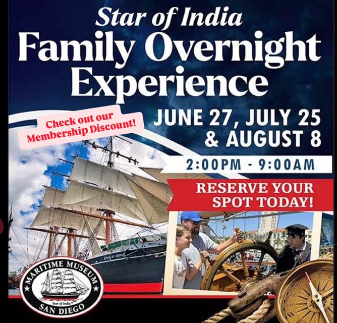 PassPort San Diego (@passport_sd) on Twitter photo Ahoy, families! The Star of India Family Overnight Experience is back at <a href="/sdmaritime/">Maritime Museum of San Diego</a> !
🎉 NOW WITH MEMBERSHIP DISCOUNTS! 🎉
Stay dockside and embark on a hands-on adventure into the Age of Sail. With limited capacity, tickets won’t last long—grab yours today! Ahoy, families! The Star of India Family Overnight Experience is back at <a href="/sdmaritime/">Maritime Museum of San Diego</a> !
🎉 NOW WITH MEMBERSHIP DISCOUNTS! 🎉
Stay dockside and embark on a hands-on adventure into the Age of Sail. With limited capacity, tickets won’t last long—grab yours today!