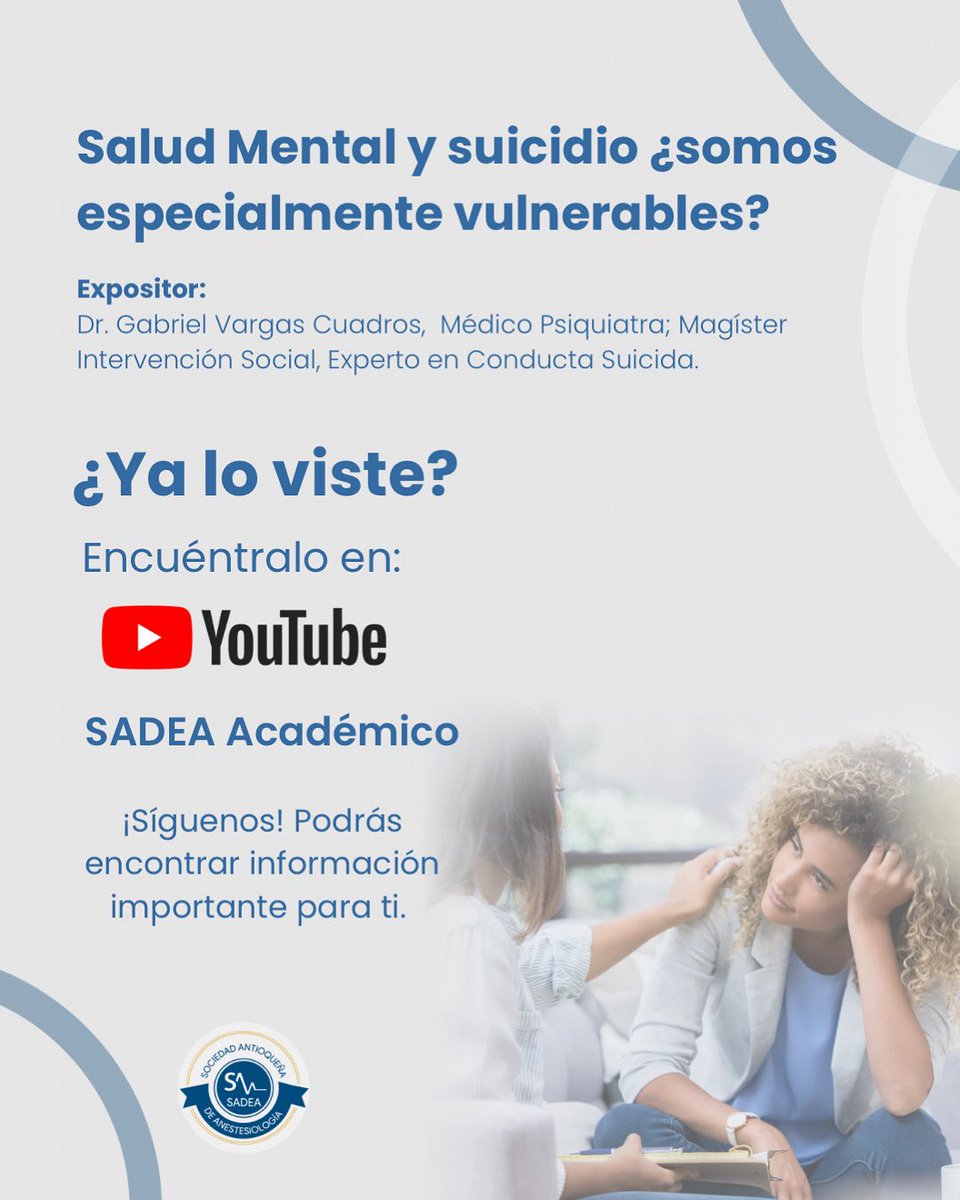 🧠 Salud mental y suicidio: ¿somos especialmente vulnerables?

 Una charla profunda y necesaria con el Dr. Gabriel Vargas Cuadros, médico psiquiatra y experto en conducta suicida.

 Disponible en nuestro canal de YouTube. ¡Síguenos! youtube.com/watch?v=IWx6lt…