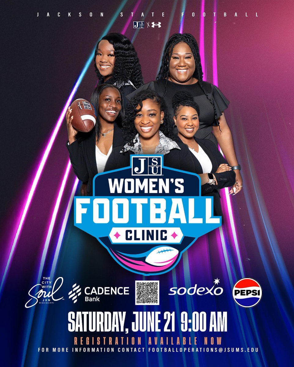 Jackson State U. (@jacksonstateu) on Twitter photo Join us at the <a href="/gojsutigersfb/">Jackson State Football</a> Women's Clinic on Saturday, June 21, at the Walter Payton Center. This year, weโre honoring the incredible impact of women in footballโwhether as fans, athletes, coaches, or game-changers behind the scenes.
Register โก๏ธ bit.ly/3FWyxgB Join us at the <a href="/gojsutigersfb/">Jackson State Football</a> Women's Clinic on Saturday, June 21, at the Walter Payton Center. This year, weโre honoring the incredible impact of women in footballโwhether as fans, athletes, coaches, or game-changers behind the scenes.
Register โก๏ธ bit.ly/3FWyxgB
