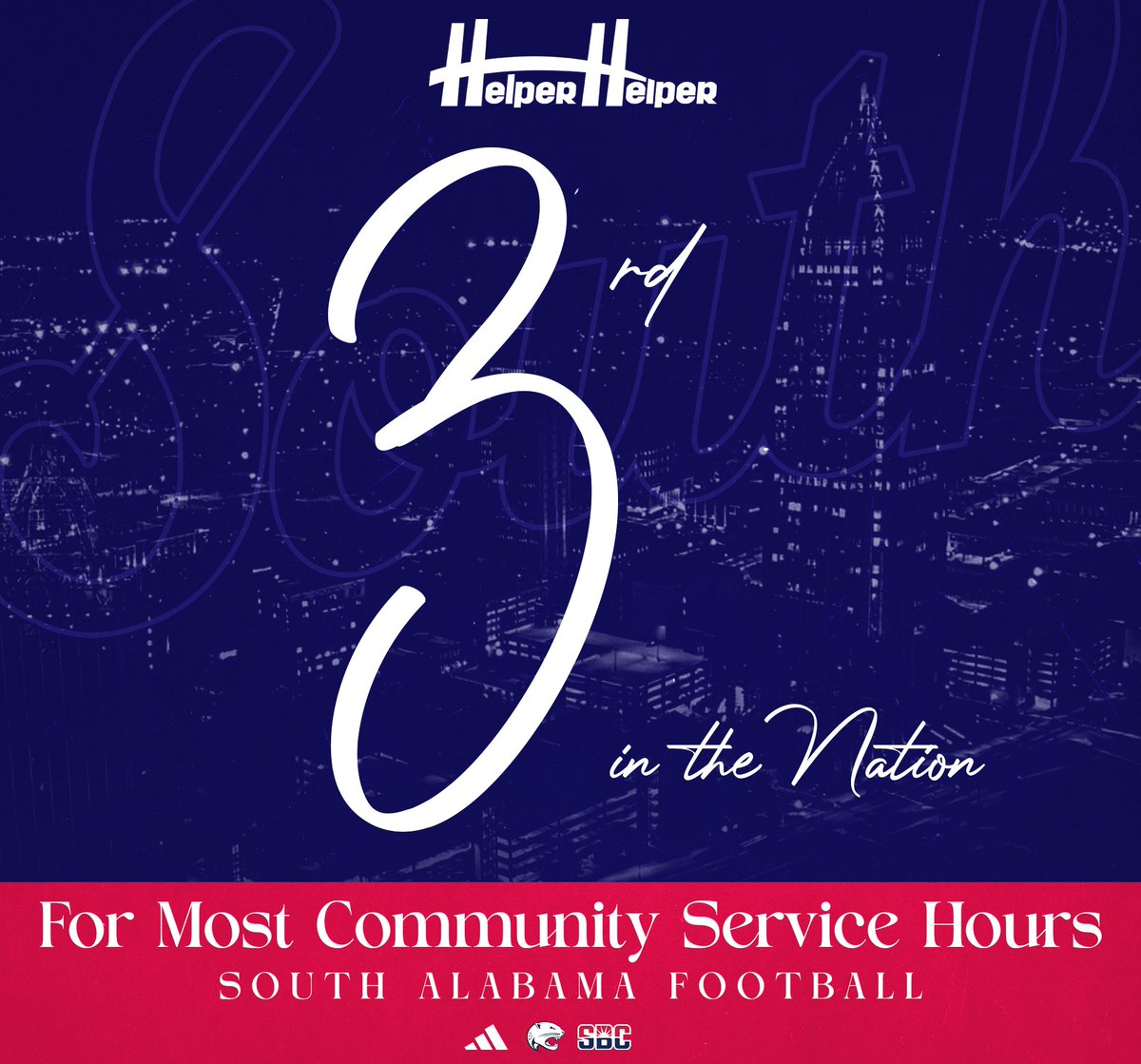 South Alabama Football 🏈 (@southalabamafb) on Twitter photo 𝒮𝑒𝓇𝓋𝒾𝓃𝑔 𝒪𝓊𝓇 𝒞𝒾𝓉𝓎
Proud to be ranked third in the nation in community service hours by <a href="/HelperHelperApp/">Helper Helper</a>‼️
#OurCity 𝒮𝑒𝓇𝓋𝒾𝓃𝑔 𝒪𝓊𝓇 𝒞𝒾𝓉𝓎
Proud to be ranked third in the nation in community service hours by <a href="/HelperHelperApp/">Helper Helper</a>‼️
#OurCity