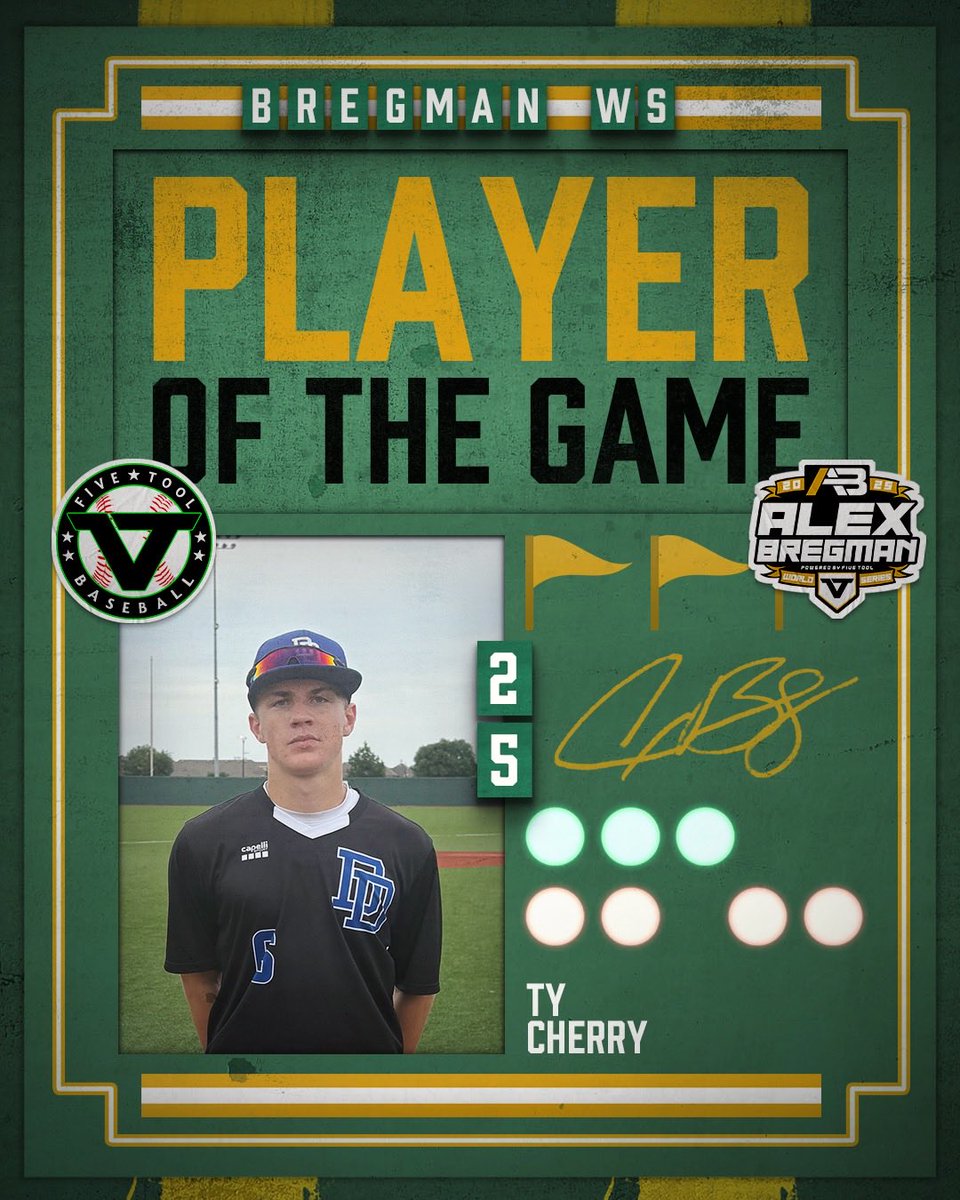 âFive Tool Texasâ (@fivetooltexas) on Twitter photo #BregmanWS F: <a href="/dulins_dodgers/">DulinsDodgersTexas</a> N. Godwin 7, Chaos Elite 4
PoG: <a href="/ty_cherry2028/">Ty Cherry</a> 2-2, 2 RBI, R, BB
Notable: <a href="/dubs_bsbl/">Wilson Riemer</a> 6 IP, 4K, 3H, 2R #BregmanWS F: <a href="/dulins_dodgers/">DulinsDodgersTexas</a> N. Godwin 7, Chaos Elite 4
PoG: <a href="/ty_cherry2028/">Ty Cherry</a> 2-2, 2 RBI, R, BB
Notable: <a href="/dubs_bsbl/">Wilson Riemer</a> 6 IP, 4K, 3H, 2R