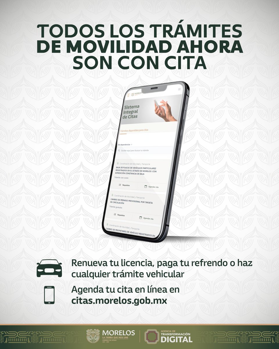 ¿Vas a renovar tu licencia o hacer un trámite vehicular? 🚗
¡Ahora todos los trámites de movilidad son con cita!
Agenda fácil en 👉 citas.morelos.gob.mx
#LaTierraQueNosUne #TrámitesDigitales #MorelosDigital