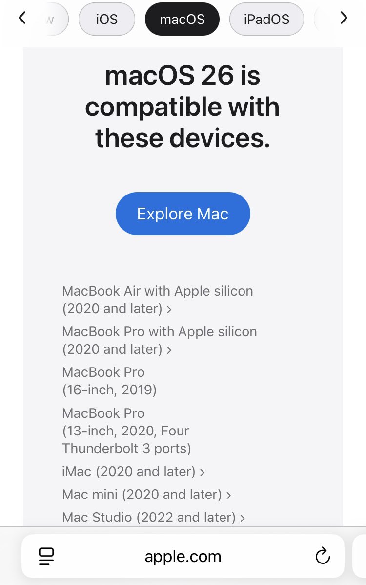 keach's tweet photo. うちのIntel MBPくんも次のmacOSが最後かー…と思いきや、macOS 26の対応機種が「MacBook Pro(2019)」ってなってて、もうこの時点で駄目だった…orz [駄目管理者]
https://t.co/3Vi2WjosBJ https://t.co/XQg0F3w1on