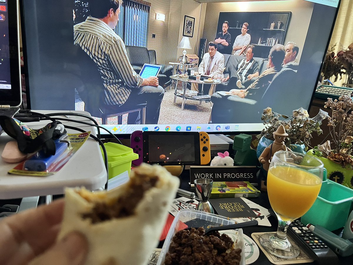 Scandalous's tweet image. That said, in my few minutes in between things here: food as quiet resistance. It might not look like much but I made myself tacos with mango juice & Spanish gin. I’ll get one episode of Sopranos in before I make some popcorn to follow when the meetings start soon.