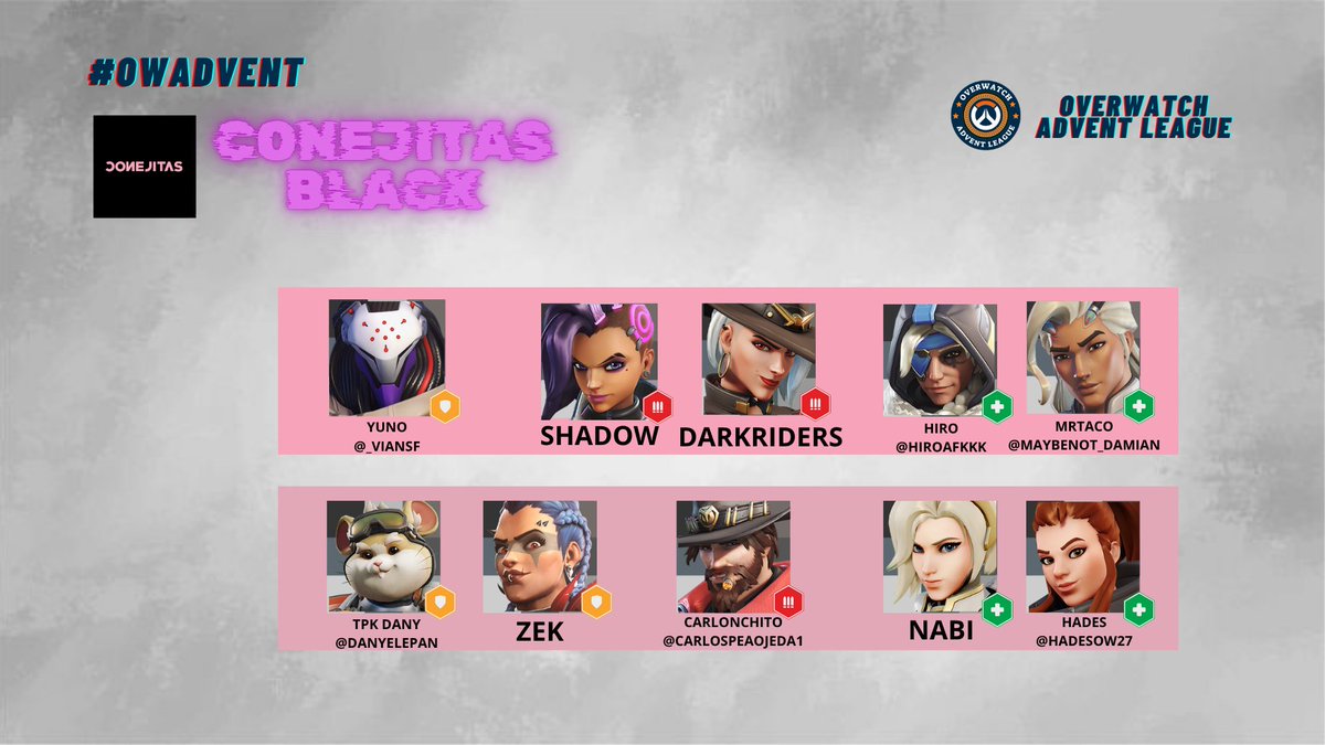 Overwatch: Advent League (@ow_adventleague) on Twitter photo Cuarto team confirmado..... ¡Brincan, pegan y ganan. Conejitas Black al ataque!
🛡: <a href="/_viansf/">vian</a> 🇲🇽
🛡: @Danyelepan 🇲🇽
🛡: ZEK 🇲🇽
🔫: Shadow 🇲🇽
🔫: Darkriders 🇲🇽
🔫: <a href="/carlospeaojeda1/">carlos peña ojeda</a> 🇵🇪
🩹: <a href="/Hiroafkkk/">Hiro</a> 🇲🇽
🩹: <a href="/maybenot_damian/">Cesar Damian</a> 🇲🇽
🩹: Nabi 🇲🇽
🩹: @HadesOw27 🇲🇽
#owadvent Cuarto team confirmado..... ¡Brincan, pegan y ganan. Conejitas Black al ataque!
🛡: <a href="/_viansf/">vian</a> 🇲🇽
🛡: @Danyelepan 🇲🇽
🛡: ZEK 🇲🇽
🔫: Shadow 🇲🇽
🔫: Darkriders 🇲🇽
🔫: <a href="/carlospeaojeda1/">carlos peña ojeda</a> 🇵🇪
🩹: <a href="/Hiroafkkk/">Hiro</a> 🇲🇽
🩹: <a href="/maybenot_damian/">Cesar Damian</a> 🇲🇽
🩹: Nabi 🇲🇽
🩹: @HadesOw27 🇲🇽
#owadvent