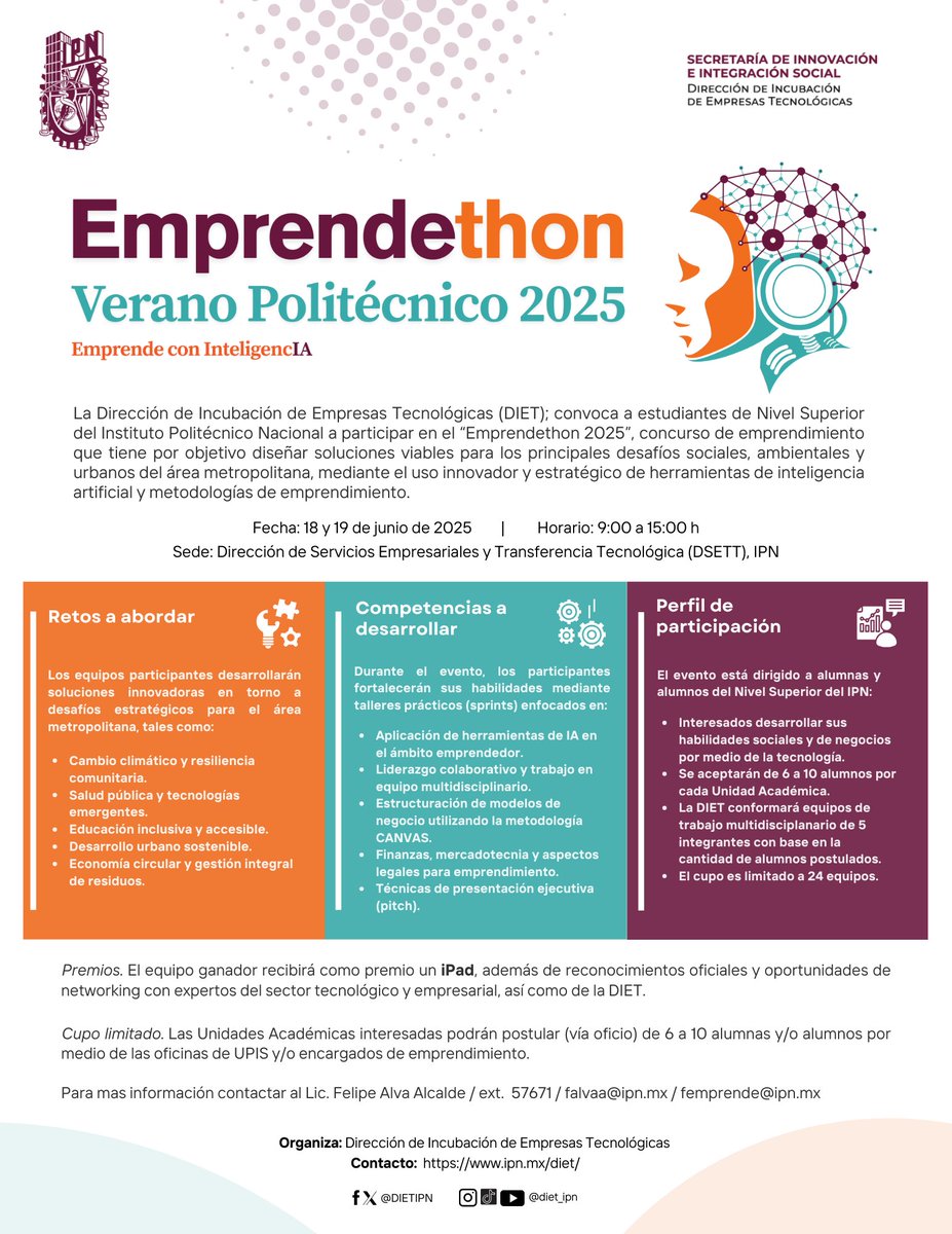 Consulta la información completa en el siguiente enlace:  esimetic.ipn.mx/.../docs/inici…
Mayores informes en la Unidad Politécnica de Integración Social (UPIS), exts: 56155 y 56156, con la Dra. Martha López Díaz de León,  mdiazl@ipn.mx o con el Mtro. David Contreras, tcontreras@ipn.mx