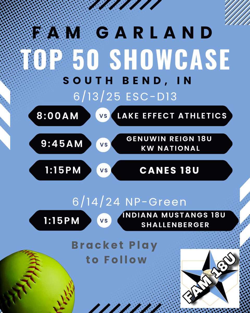 Avery Wolfe (@averywolfe2026) on Twitter photo So excited to take the field with my <a href="/FAM2526garland/">FAM 18U Garland</a> girls this weekend! Here is our schedule for the Top 50 Showcase in South Bend! <a href="/FCGrizSoftball/">Franklin College Softball</a> <a href="/DePauwSoftball/">DePauw Softball</a> <a href="/AURavenSoftball/">AUSB</a> <a href="/Softball_ONU/">Olivet Nazarene Softball</a> <a href="/IN_BAMFAM/">Baseball/Fastpitch Academics Midwest</a> So excited to take the field with my <a href="/FAM2526garland/">FAM 18U Garland</a> girls this weekend! Here is our schedule for the Top 50 Showcase in South Bend! <a href="/FCGrizSoftball/">Franklin College Softball</a> <a href="/DePauwSoftball/">DePauw Softball</a> <a href="/AURavenSoftball/">AUSB</a> <a href="/Softball_ONU/">Olivet Nazarene Softball</a> <a href="/IN_BAMFAM/">Baseball/Fastpitch Academics Midwest</a>