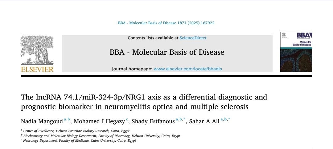 Our most recent publication "The lncRNA 74.1/miR-324-3p/NRG1 axis as a differential diagnostic and prognostic biomarker in neuromyelitis optica and multiple sclerosis." is now online at BBA - Molecular Basis of Disease.
lnkd.in/dUh_4mZ6
#MultipleSclerosis
