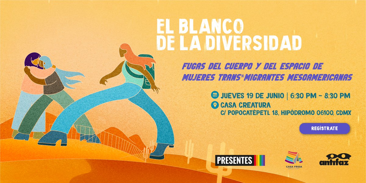 Antifaz (@antifazpolitica) on Twitter photo ¡Evento! 🏳️⚧️ El blanco de la diversidad: un diálogo con diversas voces para reconocer las vidas de mujeres trans*migrantes mesoamericanas: sus historias, sueños y batallas.
🗓️Jueves 19/06
🏡 <a href="/CasaCreatura/">Casa Creatura</a>
✏️Regístrate forms.gle/CkCddYTkKHeWKJ…
#OrgulloTrans #VisibilidadTrans ¡Evento! 🏳️⚧️ El blanco de la diversidad: un diálogo con diversas voces para reconocer las vidas de mujeres trans*migrantes mesoamericanas: sus historias, sueños y batallas.
🗓️Jueves 19/06
🏡 <a href="/CasaCreatura/">Casa Creatura</a>
✏️Regístrate forms.gle/CkCddYTkKHeWKJ…
#OrgulloTrans #VisibilidadTrans