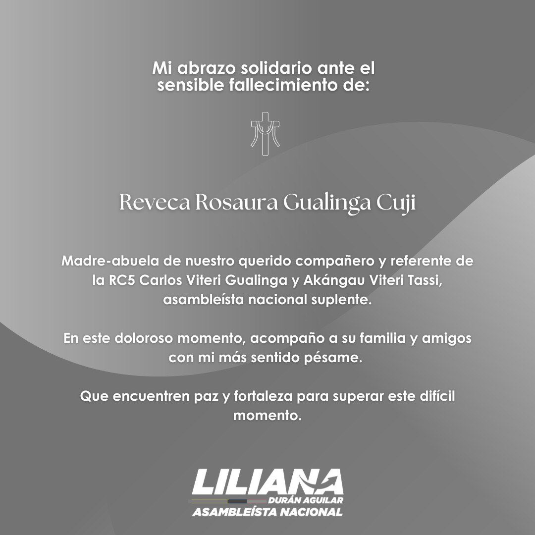 Con profundo pesar, acompaño en su dolor a dos grandes amigos y compañeros de la Revolución Ciudadana por la irreparable pérdida de su madre y abuela. <a href="/carlosviterigua/">Carlos Viteri G.</a> <a href="/Akangauruna/">Akángau Viteri Tassi🍃</a> 

Que el amor compartido y los recuerdos hermosos sean consuelo en este difícil momento. Mi abrazo