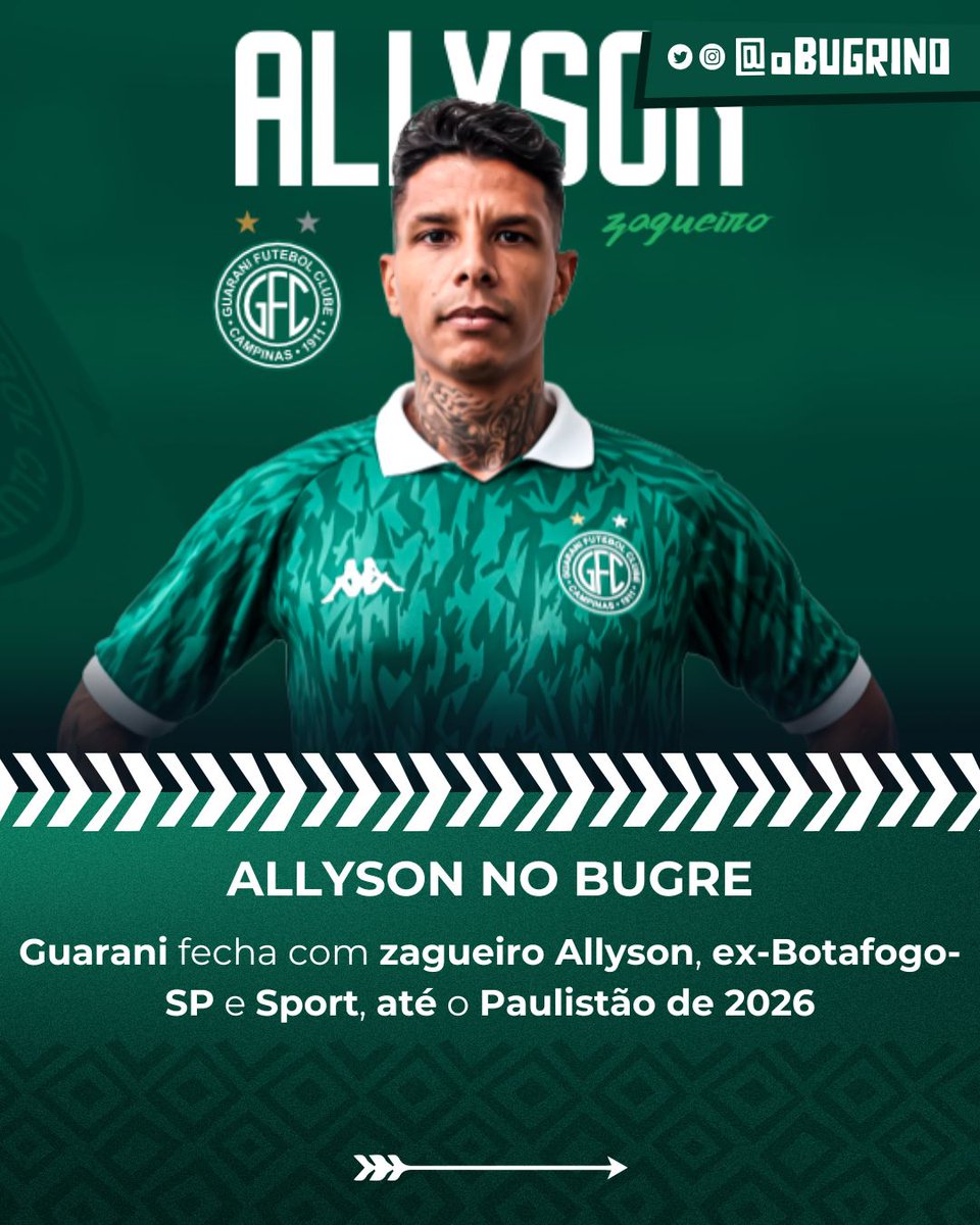 0bugrino's tweet photo. 🟢 O Guarani anunciou o zagueiro Allyson, de 34 anos!
Ex-Botafogo-SP, Sport e Cuiabá, ele chega em definitivo com contrato até o Paulistão 2026. Com passagem pela Europa League, o defensor é o 8º reforço na janela!
#Guarani #Bugre #SérieC #ReforçoBugrino https://t.co/Zf8w88BGEQ