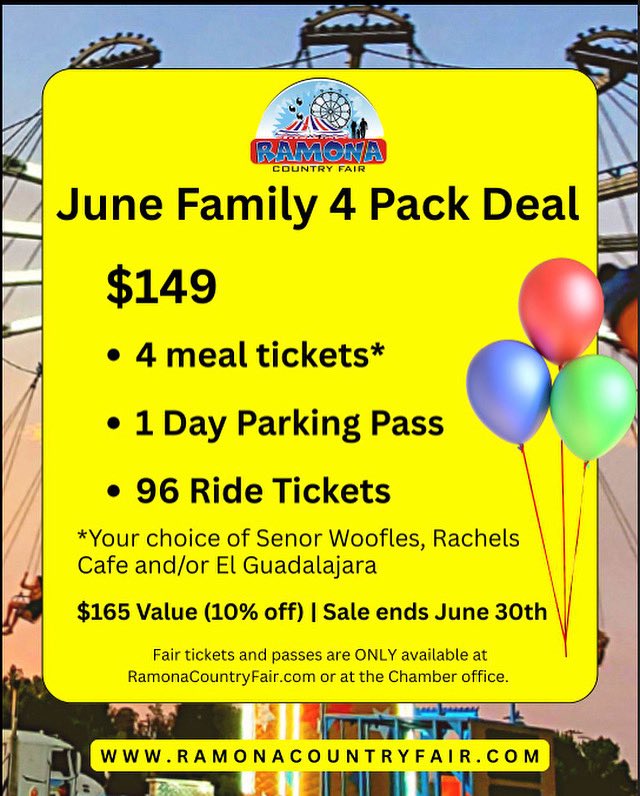 PassPort San Diego (@passport_sd) on Twitter photo JUNE SPECIAL – Ramona Country Fair Family 4-Pack!
Get ready for all the fun at the Ramona Country Fair — and save 10% with the Family 4-Pack deal, available all month long! 🎉🙌
Here’s what you get:
🍔 4 Meal Tickets
🚗 1-Day Parking Pass
🎢 96 Ride Tickets
<a href="/RamonaChamber/">RamonaChamber</a> JUNE SPECIAL – Ramona Country Fair Family 4-Pack!
Get ready for all the fun at the Ramona Country Fair — and save 10% with the Family 4-Pack deal, available all month long! 🎉🙌
Here’s what you get:
🍔 4 Meal Tickets
🚗 1-Day Parking Pass
🎢 96 Ride Tickets
<a href="/RamonaChamber/">RamonaChamber</a>