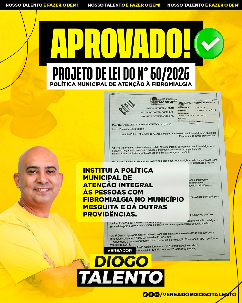Aprovamos na Câmara meu projeto que garante mais direitos e visibilidade para quem convive com a Fibromialgia. Uma conquista de quem luta todos os dias contra a dor e o preconceito. Seguimos trabalhando por mais respeito e cuidado! 💜
#Fibromialgia #MandatoQueCuida #DiogoTalento