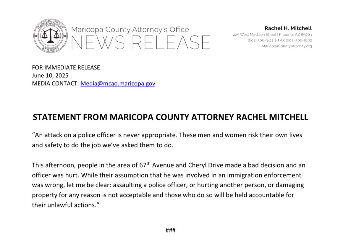 Rachel1Mitchell's tweet image. “Let me be clear: assaulting a police officer, or hurting another person, or damaging property for any reason is not acceptable and those who do so will be held accountable for their unlawful actions."