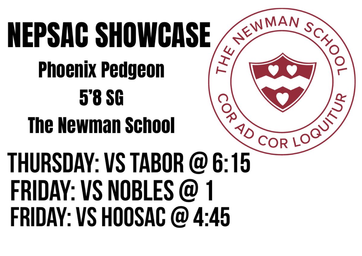phoenix pedgeon (@p_pedgeon) on Twitter photo my schedule for the nepsac showcase!! super excited to play with my new team newman for the first time!
<a href="/Newmangbball/">Newman School Girls Basketball</a> <a href="/NEPSGBCA/">NEPSGBCA</a> <a href="/BashHoopsNE/">Bash Hudson</a> <a href="/LaurieBollin/">LAURIE BOLLIN</a> <a href="/BayStateJags/">Bay State Jaguars</a> <a href="/CoachKatie_K/">Katie Kolinski</a> my schedule for the nepsac showcase!! super excited to play with my new team newman for the first time!
<a href="/Newmangbball/">Newman School Girls Basketball</a> <a href="/NEPSGBCA/">NEPSGBCA</a> <a href="/BashHoopsNE/">Bash Hudson</a> <a href="/LaurieBollin/">LAURIE BOLLIN</a> <a href="/BayStateJags/">Bay State Jaguars</a> <a href="/CoachKatie_K/">Katie Kolinski</a>