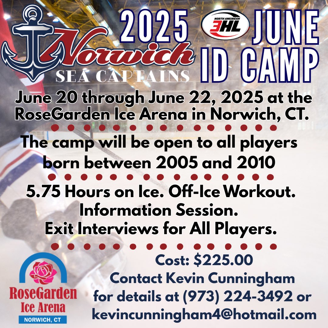 The Norwich Sea Captains second ID Camp at the RoseGarden Ice Arena is June 20–22.
Open to ALL prospective players born 2005–2010, this is your chance to show your skills and learn about the program, whether you’re ready now or planning for the future.
🔗: bit.ly/3Ff879E