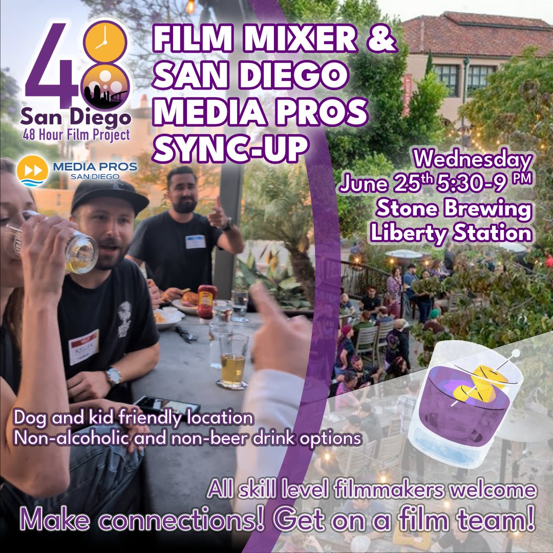 SD48HFP's tweet photo. MIXER &amp; SYNC UP WITH SD MEDIA PROS AT STONE LIBERTY STATION

Come join us to meet fellow filmmakers and hang with our friends San Diego Media Pros, and to get some expert advice from seasoned pros on how to make your film this year.

➡️ Event Details: https://t.co/zkMG7S27Sx https://t.co/tkTLqSd3h9
