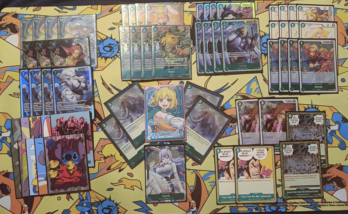 First test run with Carrot at locals

W UPLuffy
L  GPLuffy (Eventuall winner)
W UPLuffy
W Bonney

Ended up third w 16 players 😭

Deck feels fine but still missing something. Wanna try the oddissey enel for brick removal, the song searcher and maybe 6c Saka. GP feels rough