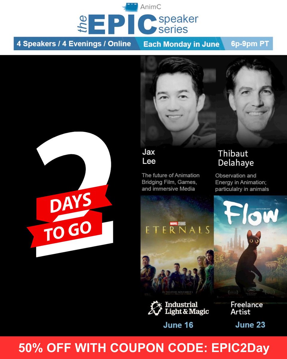 In collaboration with <a href="/animationcollab/">Animation Collaborative</a>:
Only 2 Days Left! 🚨
 The June 2025 EPIC Speaker Series kicks off again this Monday at 6pm PST!
🎤 2 Industry Pros
 🗓️ June 9, &amp; 16
 💻 Zoom
 🎟️ 1 ticket = ALL sessions (2 left)
 💥 Use code EPIC2DAY for 50% off — just $65!
Link in bio!