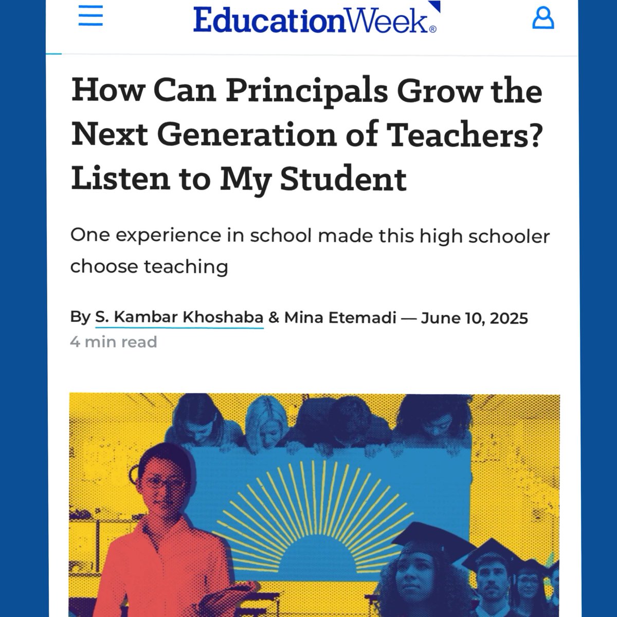 I'm proud to co-author an article in Education Week with a graduating senior, Mina. Even more exciting is her decision to become a public school teacher! Go Stallions!