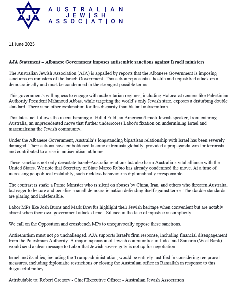 AJA Statement – Albanese Government imposes antisemitic sanctions against Israeli ministers

The Australian Jewish Association (AJA) is appalled by reports that the Albanese Government is imposing sanctions on ministers of the Israeli Government. This action represents a hostile