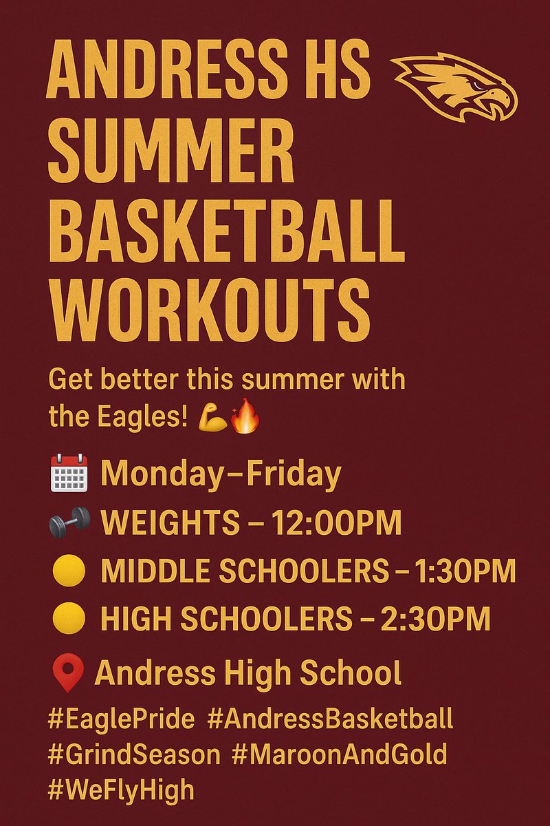 Andress High School Boys Basketball (@andressbb_wab) on Twitter photo 🦅 Summer ☀️ SZN is GRIND SZN 🏀
@bobbyjoehillpk8
@charlescharges
@nrmsjags
<a href="/AHSGoldenEagles/">Andress High School</a>
<a href="/EagleAndress/">AndressGoldenEagleAthletics</a>
#FLYHIGH 🦅 Summer ☀️ SZN is GRIND SZN 🏀
@bobbyjoehillpk8
@charlescharges
@nrmsjags
<a href="/AHSGoldenEagles/">Andress High School</a>
<a href="/EagleAndress/">AndressGoldenEagleAthletics</a>
#FLYHIGH