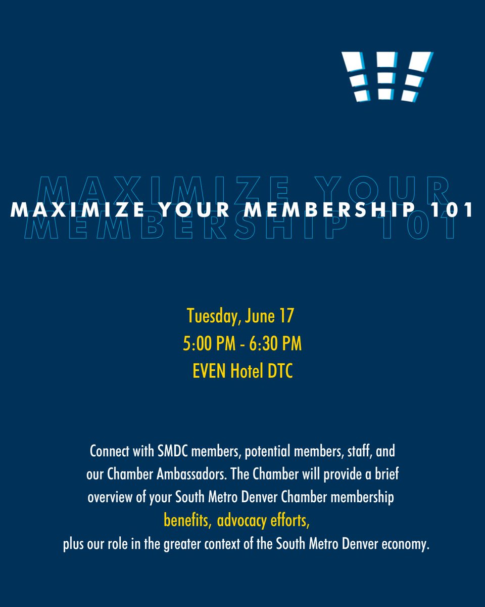 ❗Upcoming Chamber Event
🤝 Maximize Your Membership 101
📅 Tuesday, June 17th | 5:00 PM - 6:30 PM
📍EVEN Hotel DTC
🔗 ow.ly/xI4350W7t56

Bring business cards (printed or digital) to share with new connections in the event.