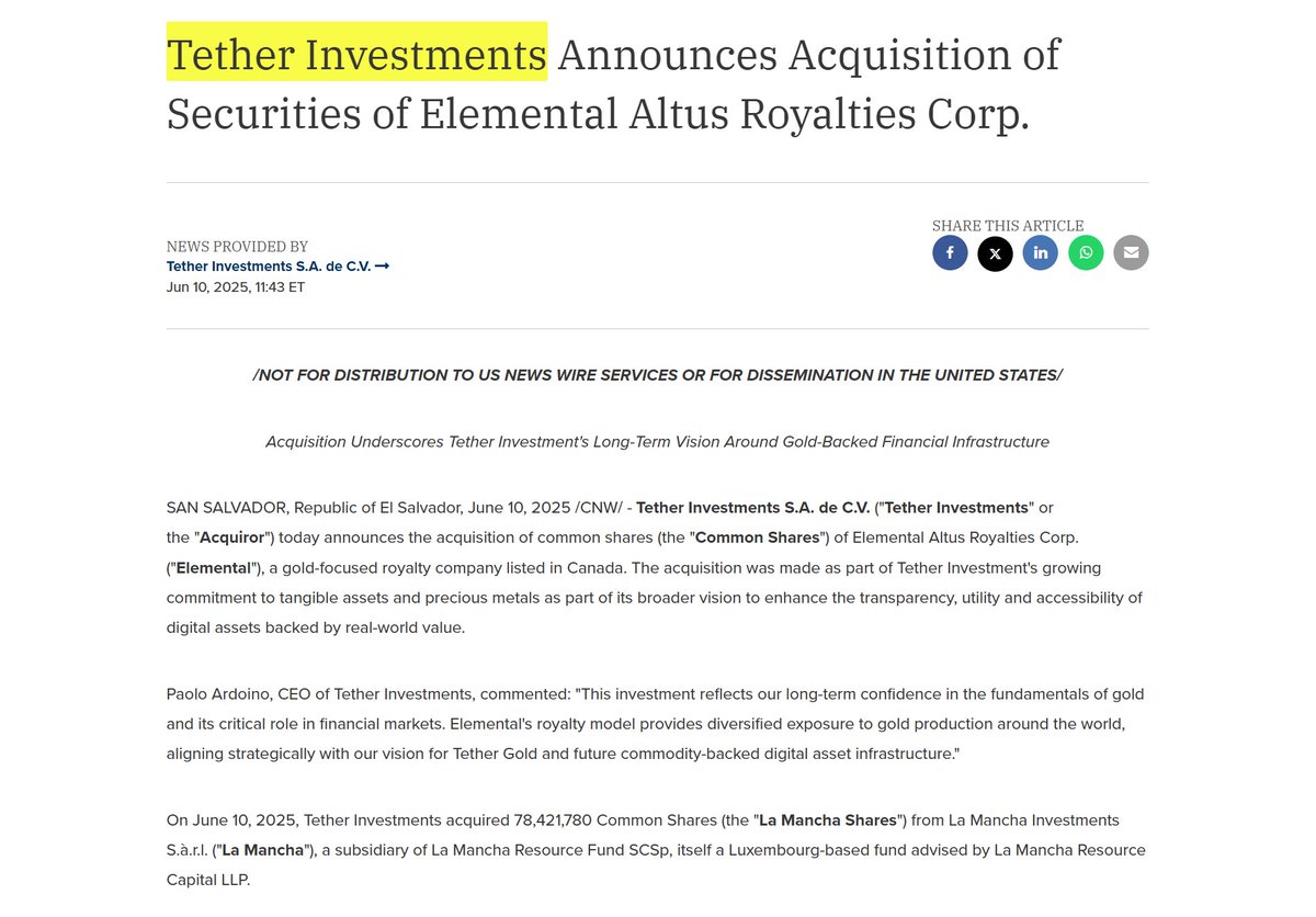 If you thought $TNR.V was the wildest royalty news of the week... 

Tether going hard at $ELE.V - 47% stake after spending C$175m... Wtf