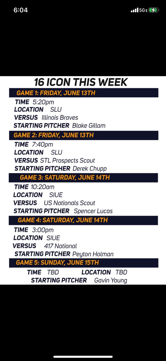 Mike Callihan (@mike_callihan) on Twitter photo Rawlings Tigers 16 ICON will be competing in the Midwest Premier National Championships this coming week. Here is our schedule and starting pitching rotation.
GO TIGERS
<a href="/stltigers/">St. Louis Rawlings Tigers</a> <a href="/Rawlings_Tigers/">Rawlings Tigers</a> <a href="/RecruitTigers/">Rawlings Tigers National Recruiting</a> Rawlings Tigers 16 ICON will be competing in the Midwest Premier National Championships this coming week. Here is our schedule and starting pitching rotation.
GO TIGERS
<a href="/stltigers/">St. Louis Rawlings Tigers</a> <a href="/Rawlings_Tigers/">Rawlings Tigers</a> <a href="/RecruitTigers/">Rawlings Tigers National Recruiting</a>